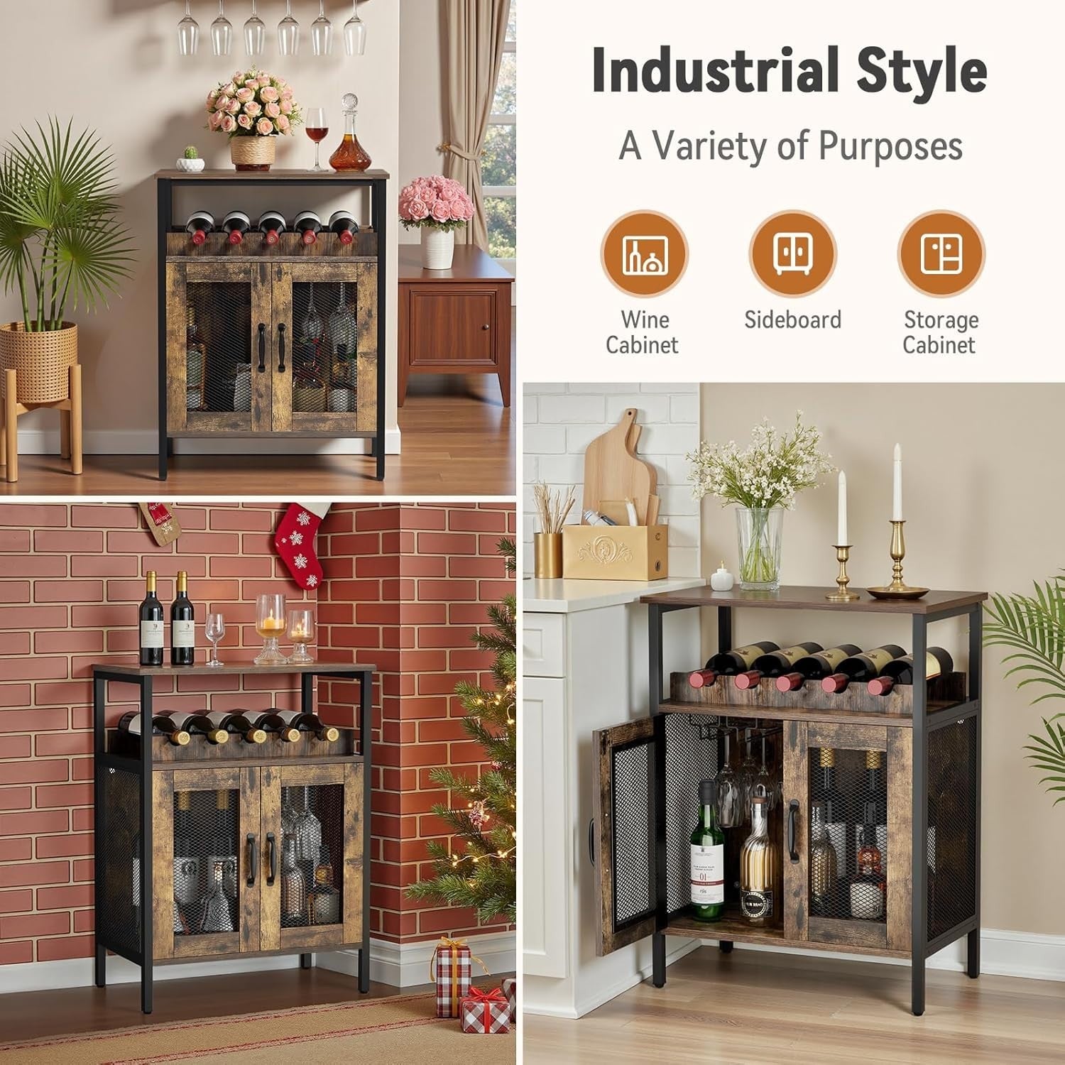 Industrial Wine Bar Cabinet with Doors Wine Rack & Hanging Glass Holder - Kwikley