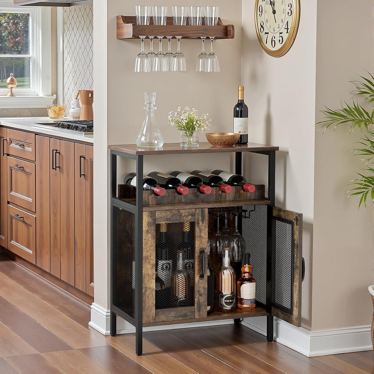 Industrial Wine Bar Cabinet with Doors Wine Rack & Hanging Glass Holder - Kwikley