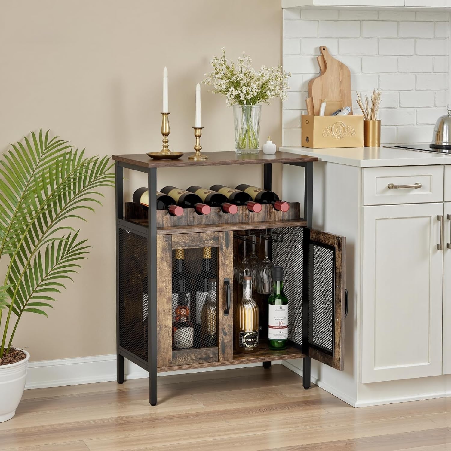 Industrial Wine Bar Cabinet with Doors Wine Rack & Hanging Glass Holder - Kwikley