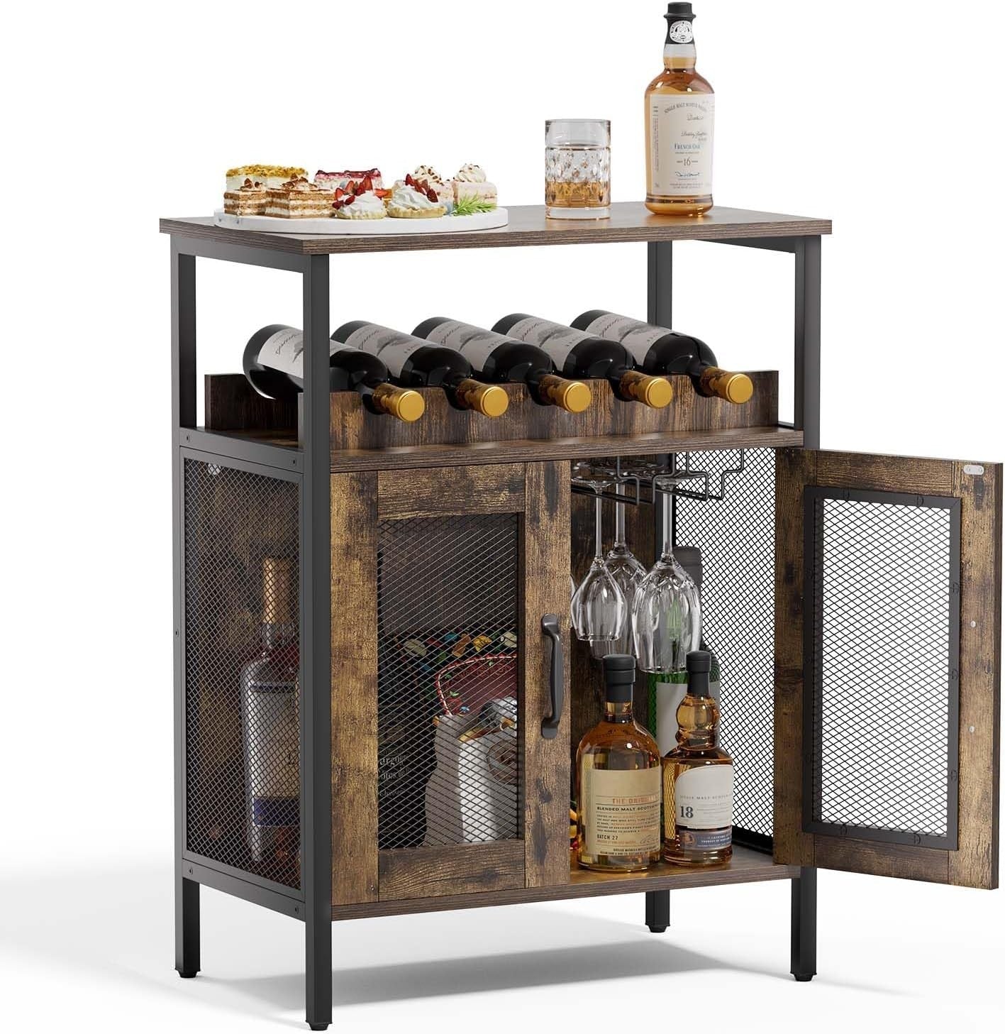 Industrial Wine Bar Cabinet with Doors Wine Rack & Hanging Glass Holder - Kwikley