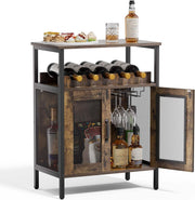 Industrial Wine Bar Cabinet with Doors Wine Rack & Hanging Glass Holder - Kwikley
