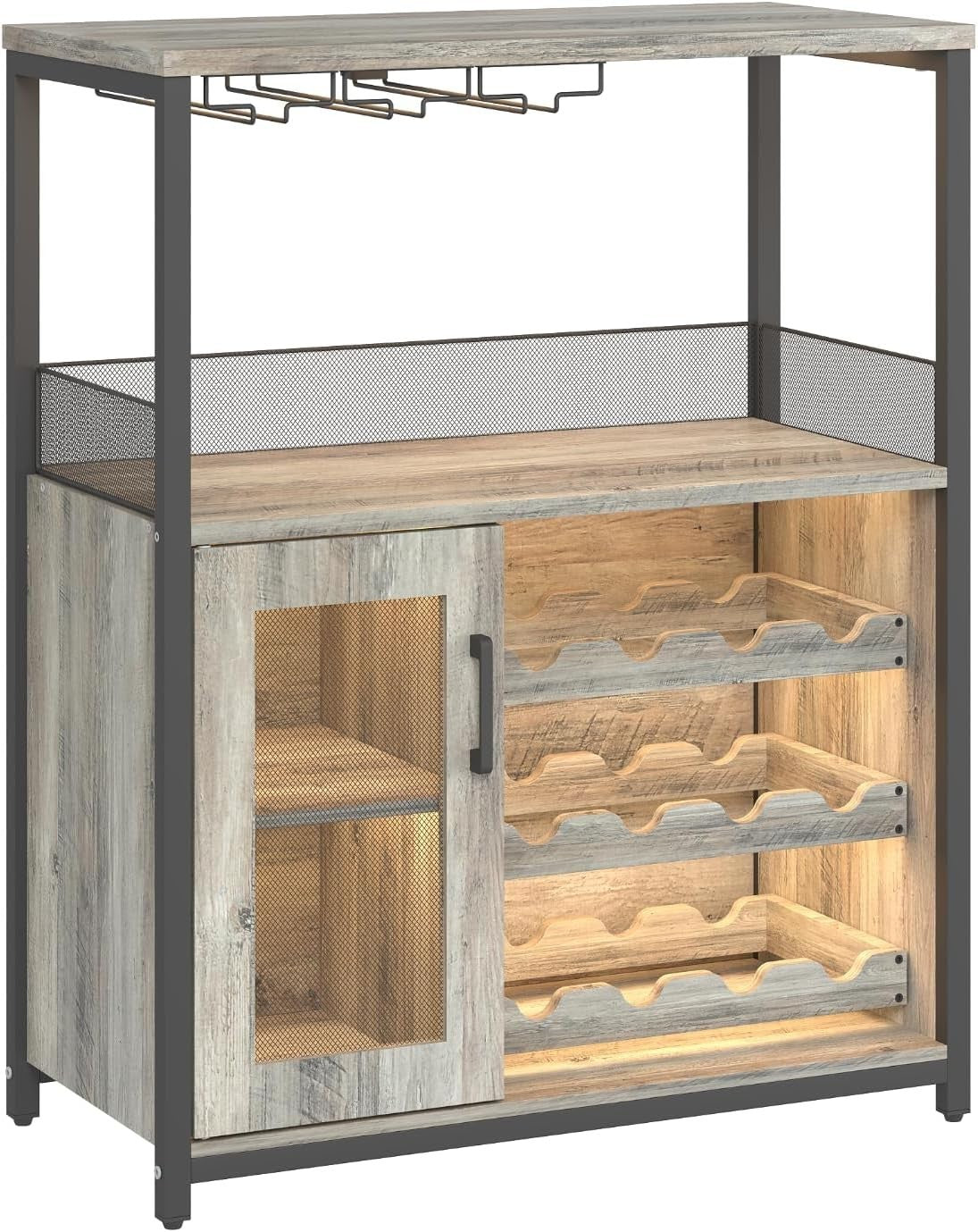 Industrial Wine Bar Cabinet with LED Light, Removable Wine Rack & Glass Holder - Kwikley