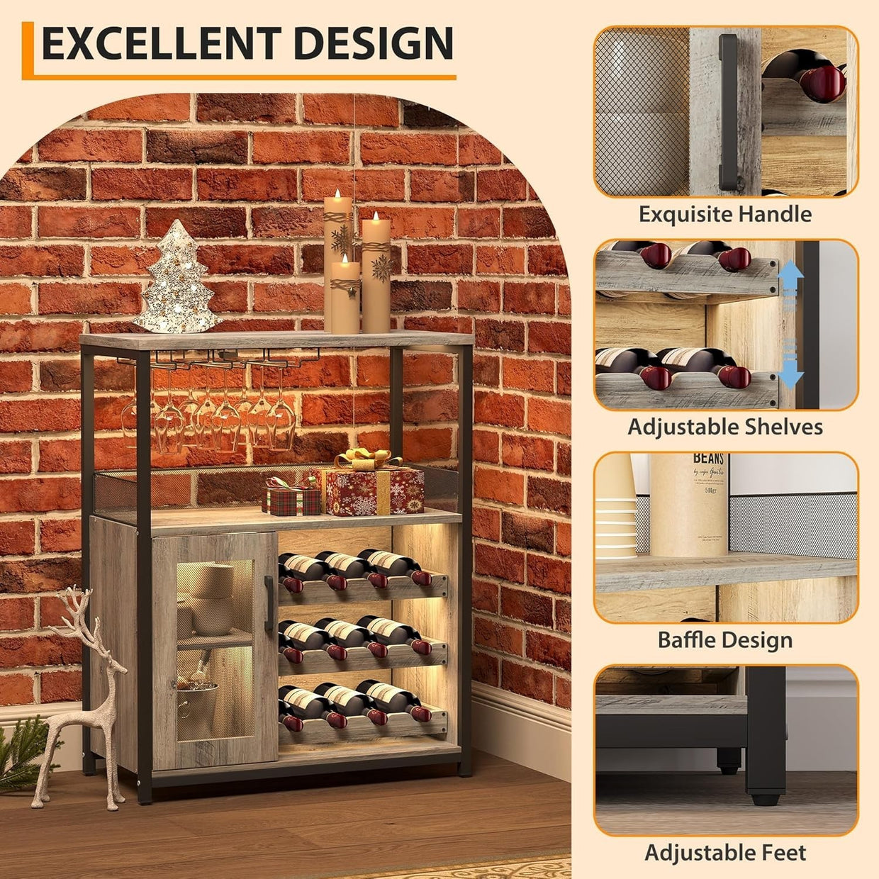 Industrial Wine Bar Cabinet with LED Light, Removable Wine Rack & Glass Holder - Kwikley
