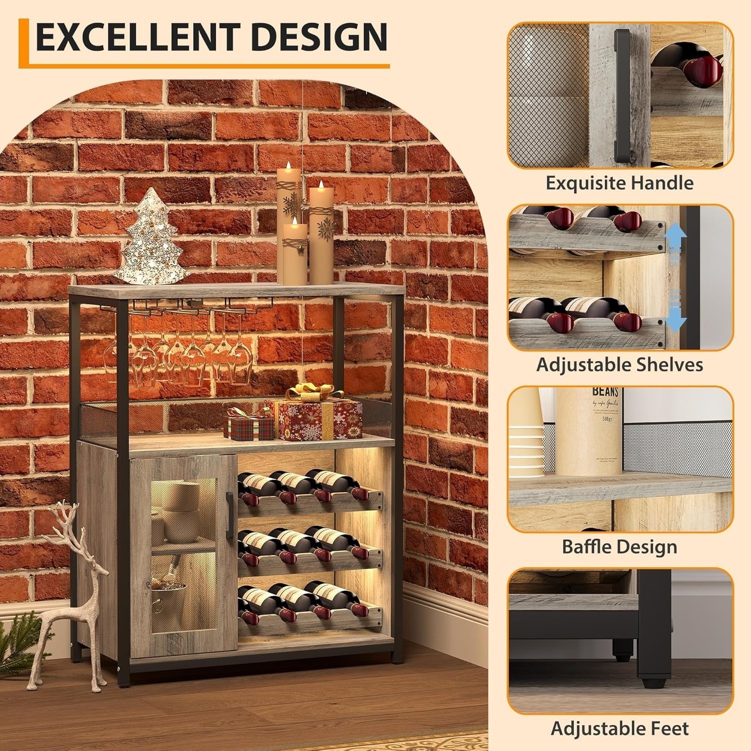 Industrial Wine Bar Cabinet with LED Light, Removable Wine Rack & Glass Holder - Kwikley