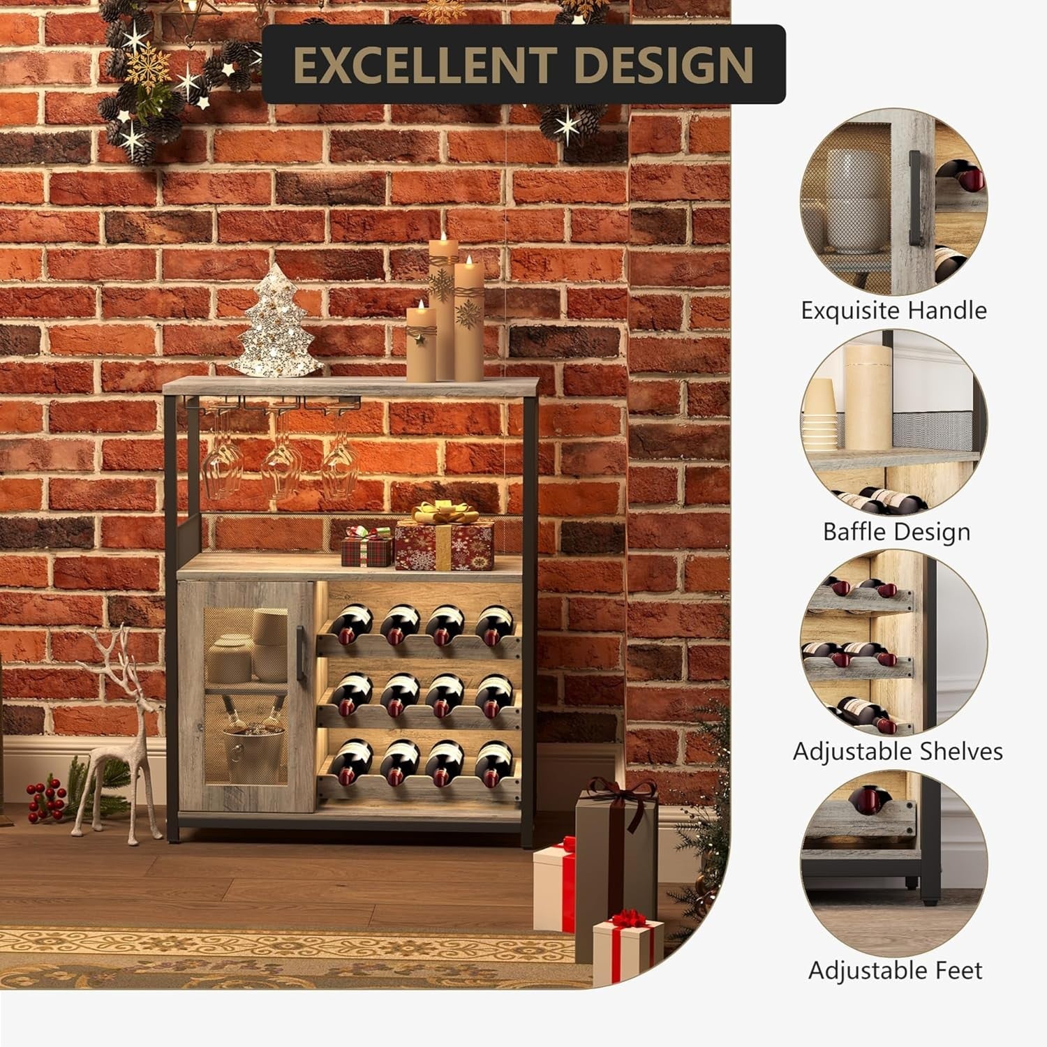 Industrial Wine Bar Cabinet with LED Light, Removable Wine Rack & Glass Holder - Kwikley