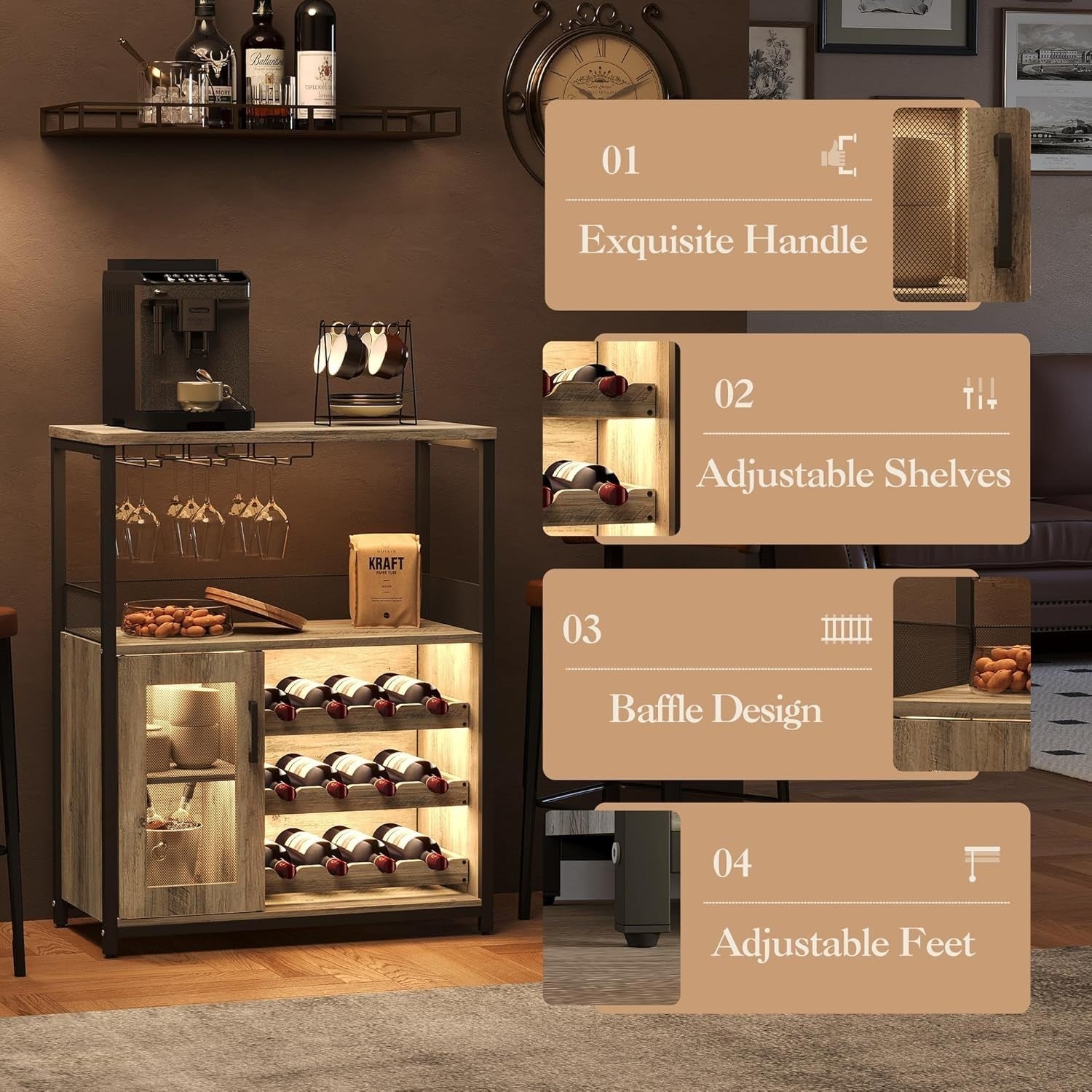 Industrial Wine Bar Cabinet with LED Light, Removable Wine Rack & Glass Holder - Kwikley