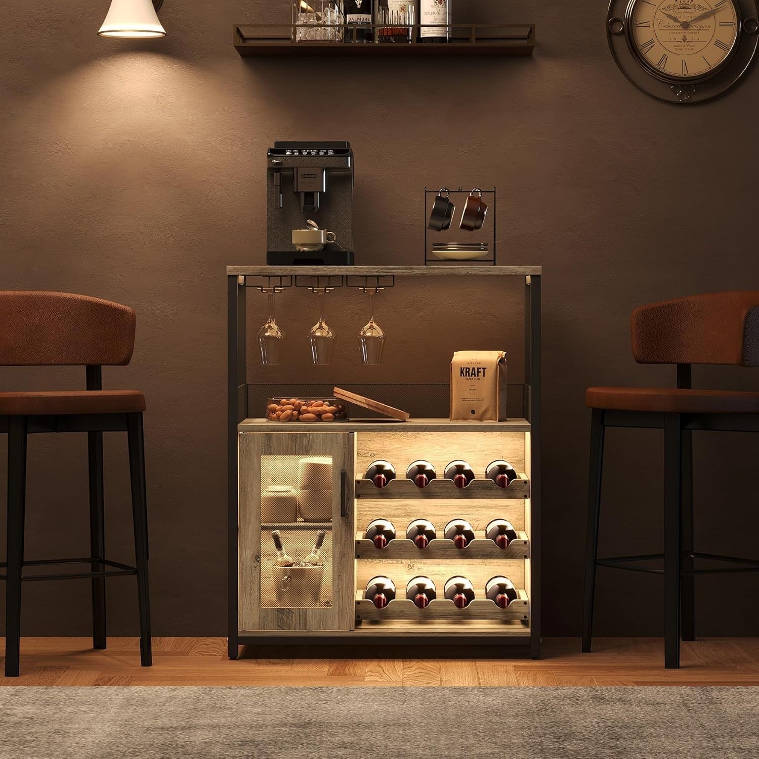 Industrial Wine Bar Cabinet with LED Light, Removable Wine Rack & Glass Holder - Kwikley