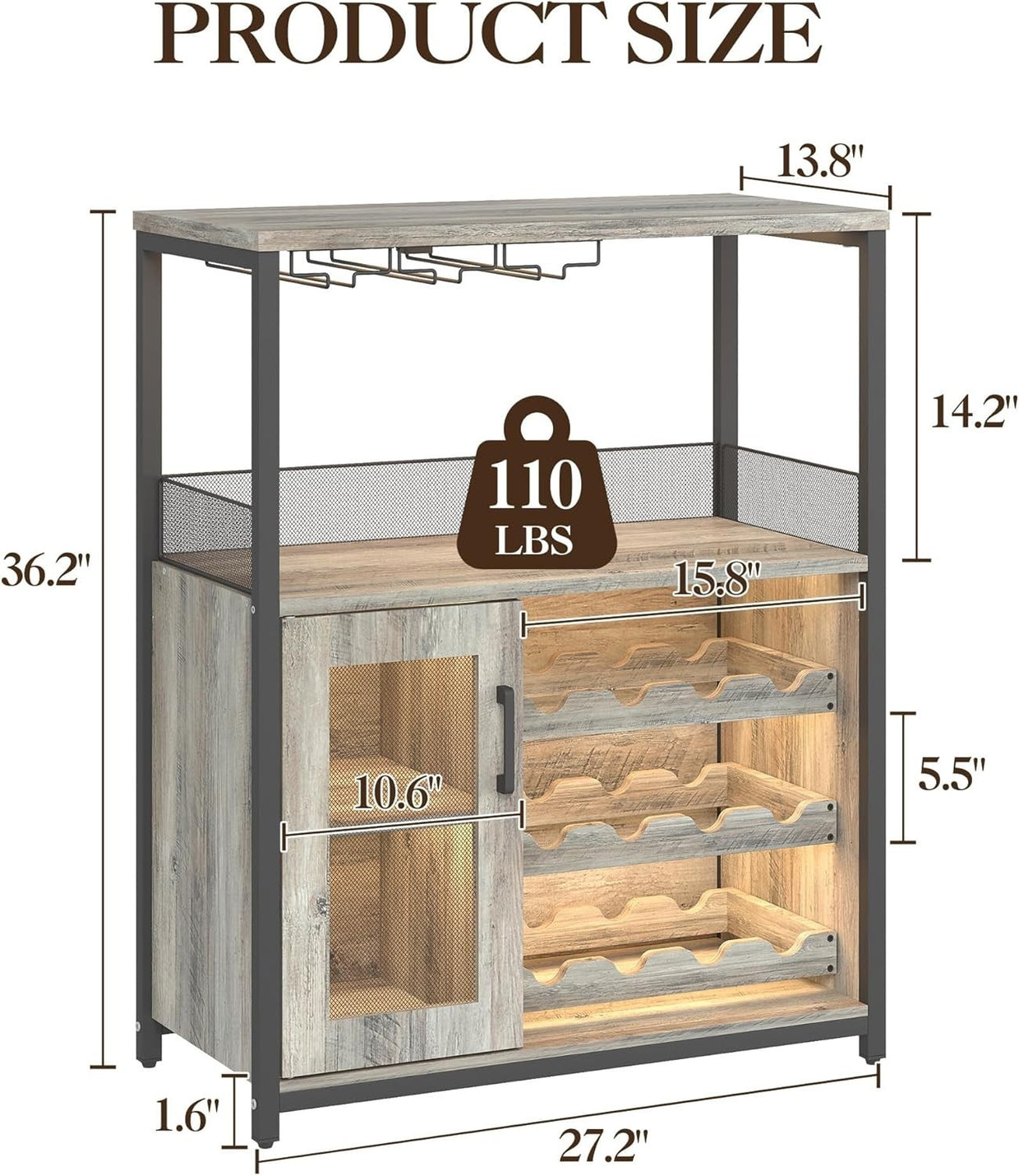 Industrial Wine Bar Cabinet with LED Light, Removable Wine Rack & Glass Holder - Kwikley