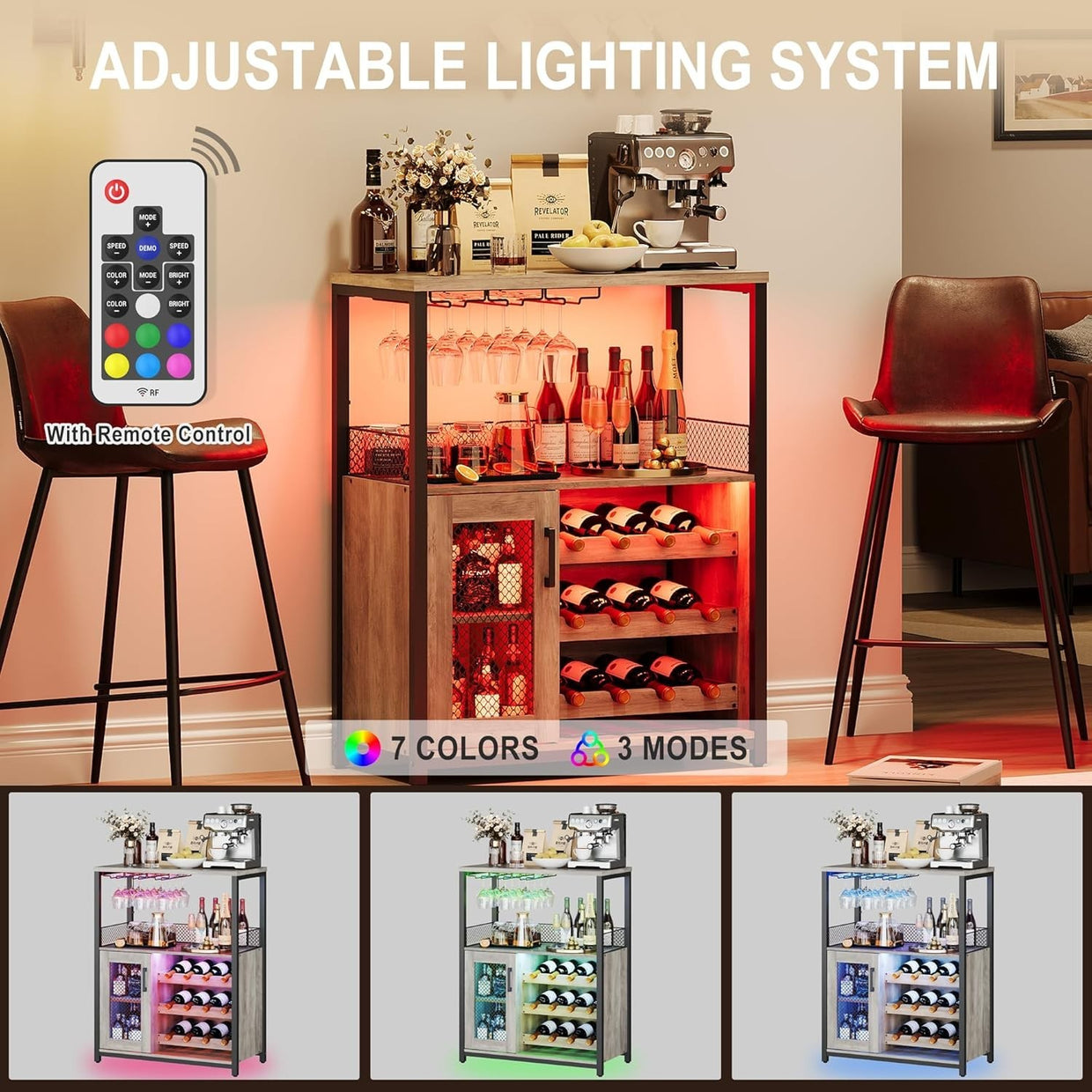 Industrial Wine Bar Cabinet with LED Light, Removable Wine Rack & Glass Holder - Kwikley