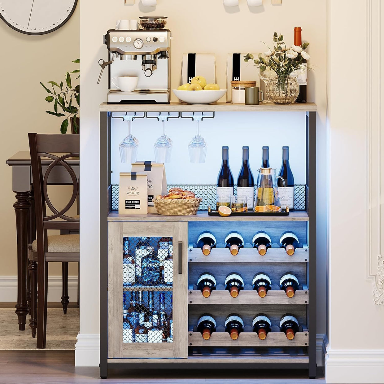 Industrial Wine Bar Cabinet with LED Light, Removable Wine Rack & Glass Holder - Kwikley
