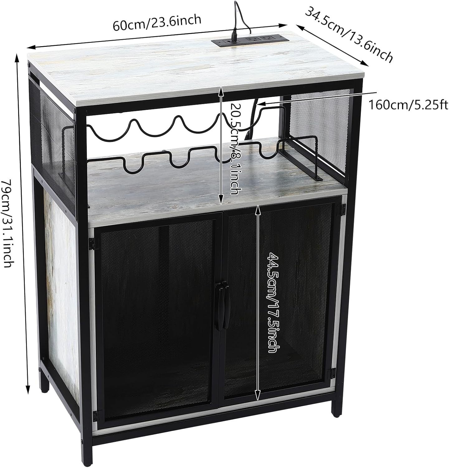 Industrial Wine Bar Cabinet with RGB Lights, Glass Holder, Storage Shelves - Kwikley