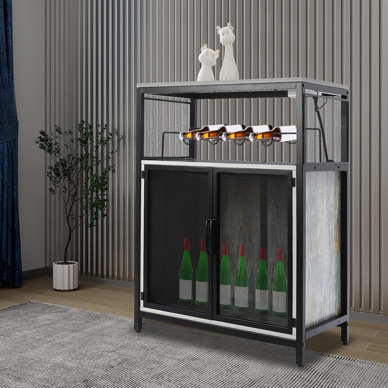 Industrial Wine Bar Cabinet with RGB Lights, Glass Holder, Storage Shelves - Kwikley
