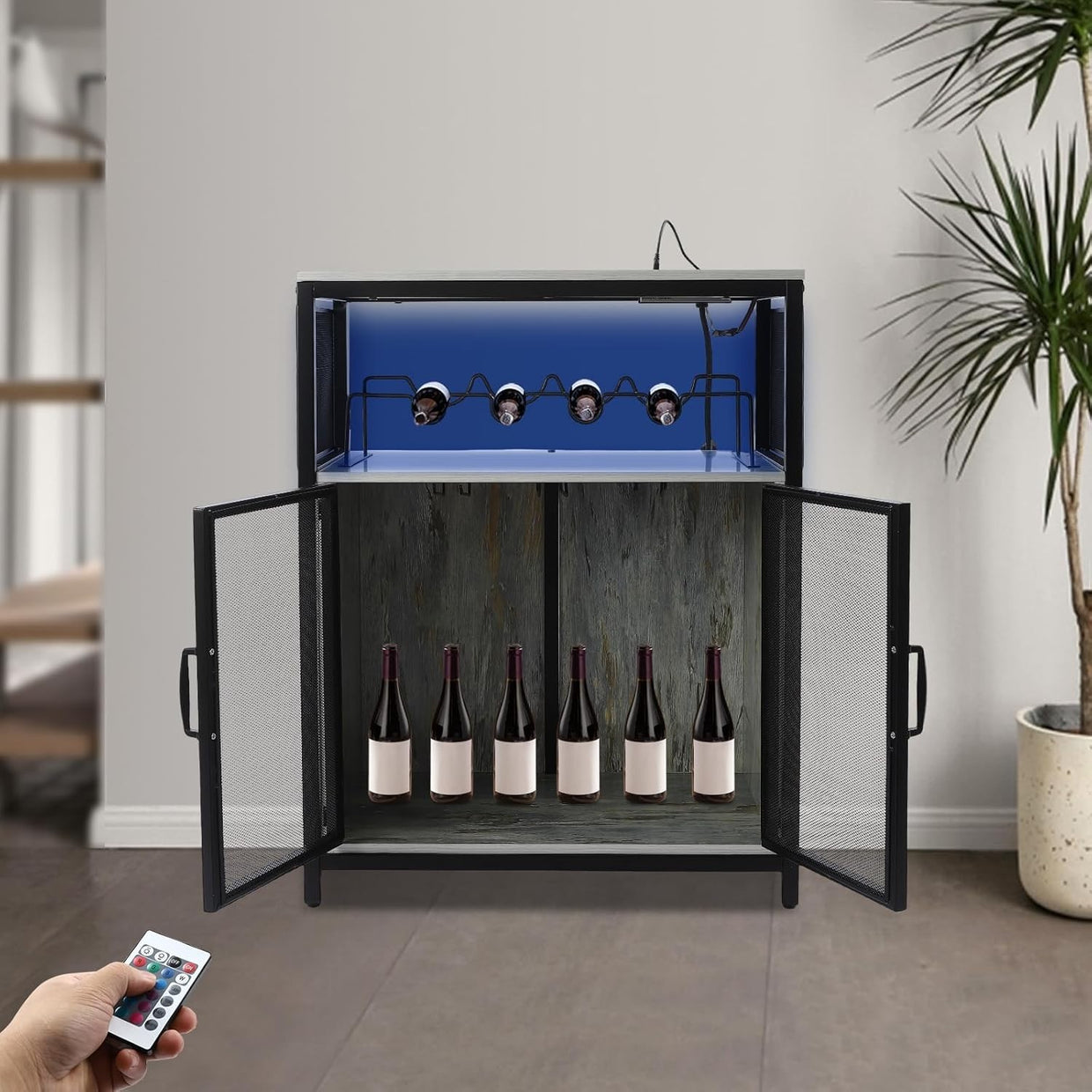 Industrial Wine Bar Cabinet with RGB Lights, Glass Holder, Storage Shelves - Kwikley