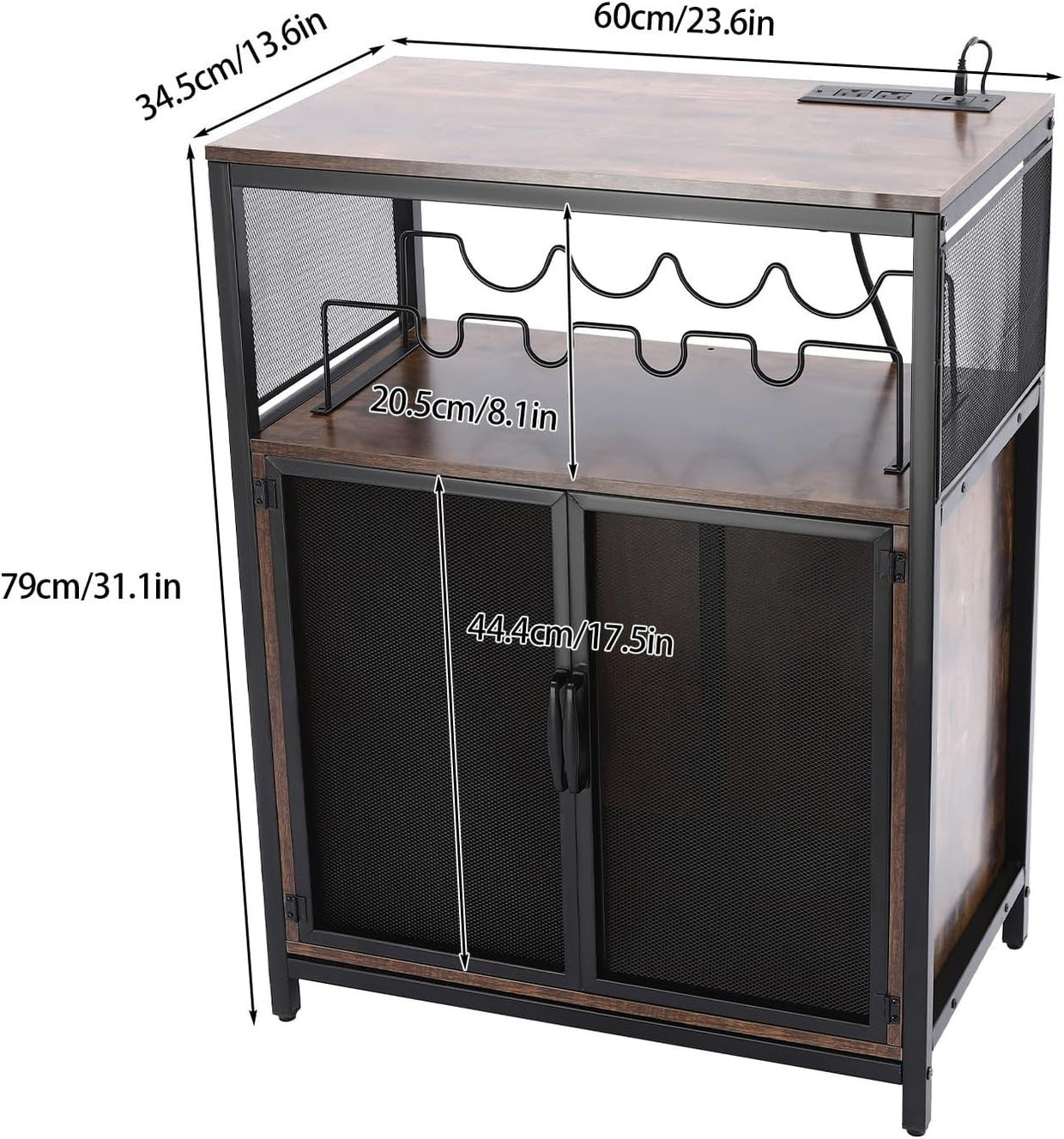 Industrial Wine Bar Cabinet with RGB Lights & Glass Holder Storage Sideboard - Kwikley