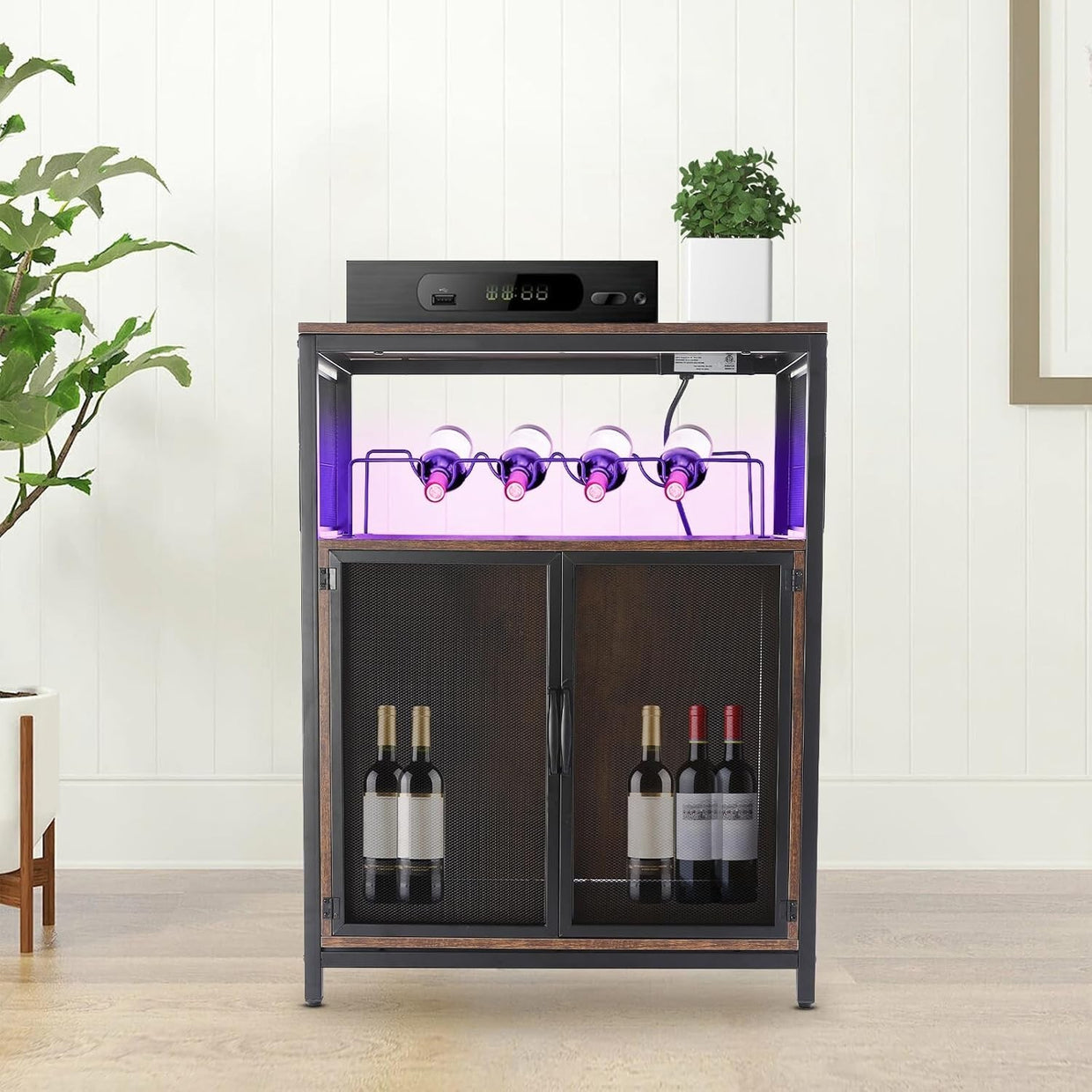 Industrial Wine Bar Cabinet with RGB Lights & Glass Holder Storage Sideboard - Kwikley