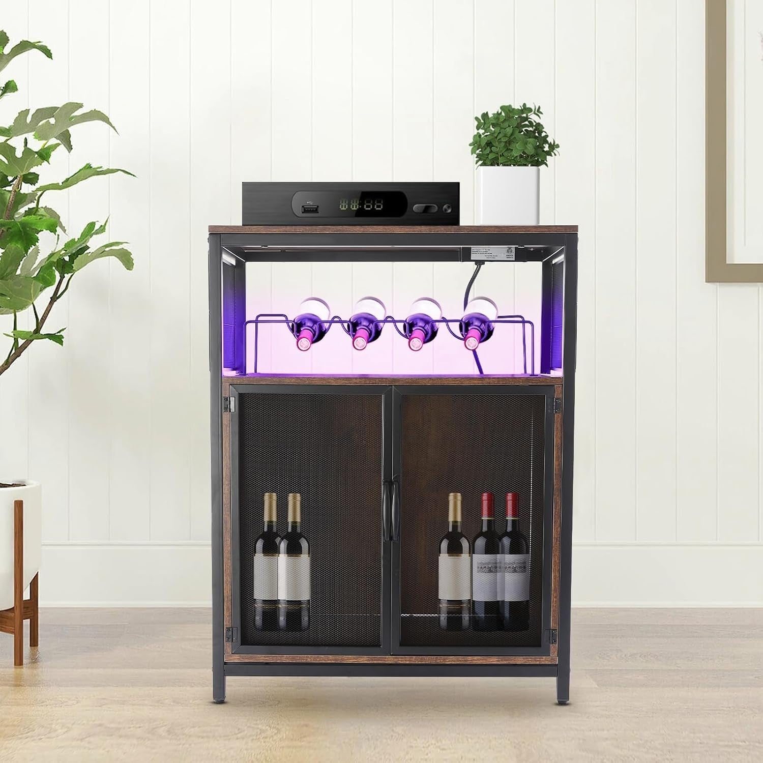 Industrial Wine Bar Cabinet with RGB Lights & Glass Holder Storage Sideboard - Kwikley