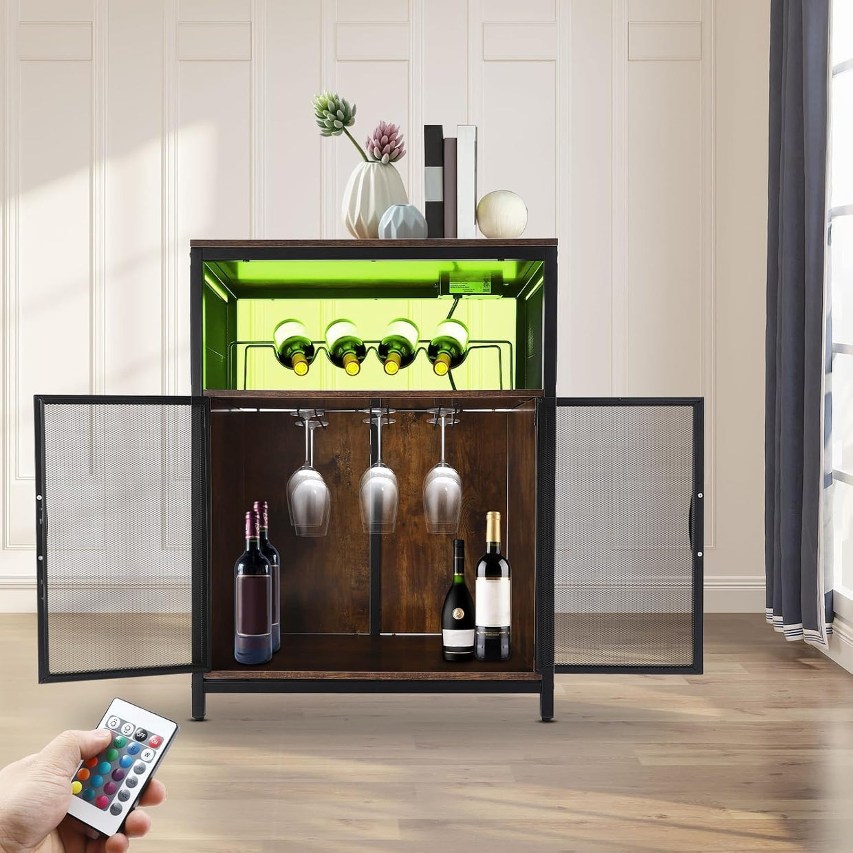 Industrial Wine Bar Cabinet with RGB Lights & Glass Holder Storage Sideboard - Kwikley