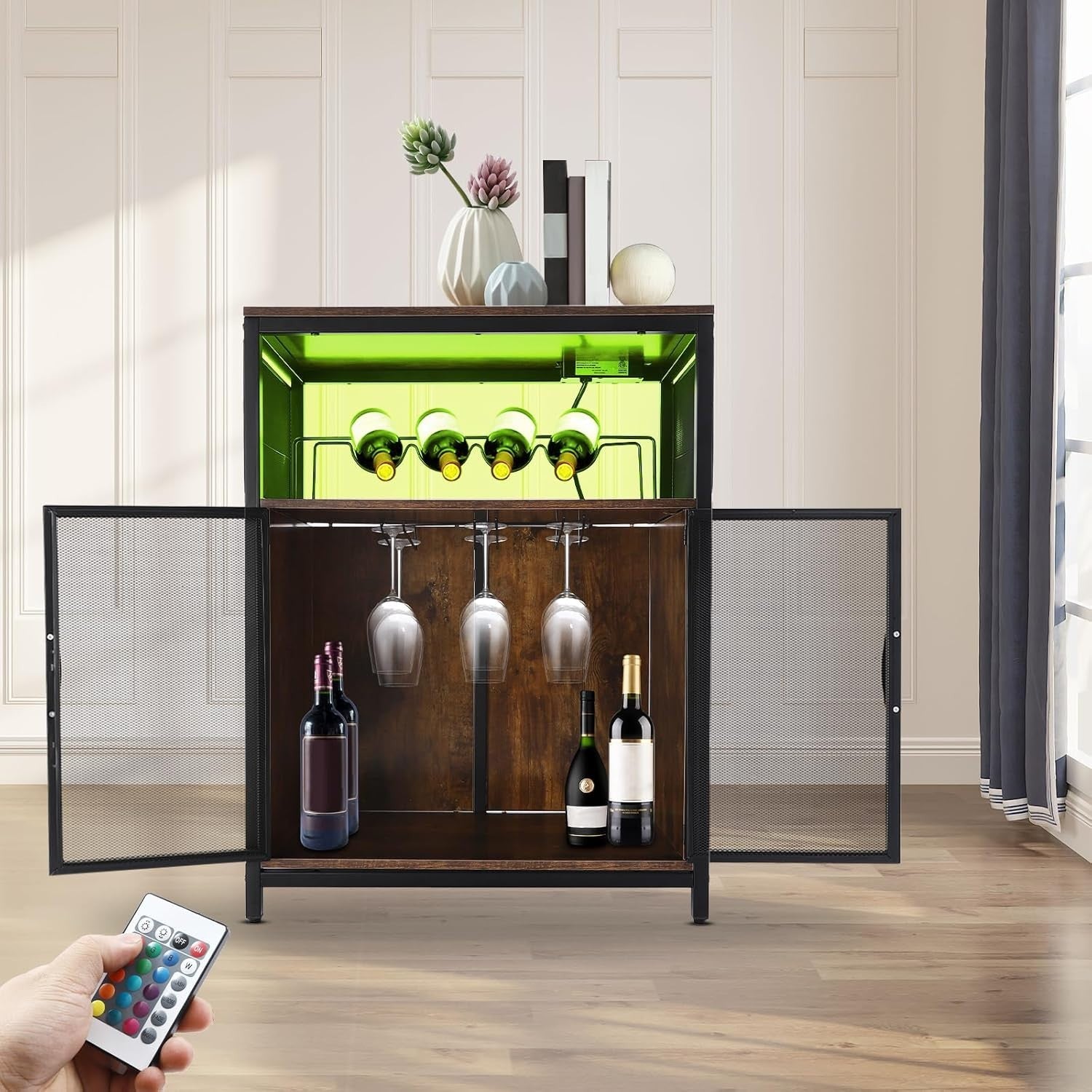 Industrial Wine Bar Cabinet with RGB Lights & Glass Holder Storage Sideboard - Kwikley