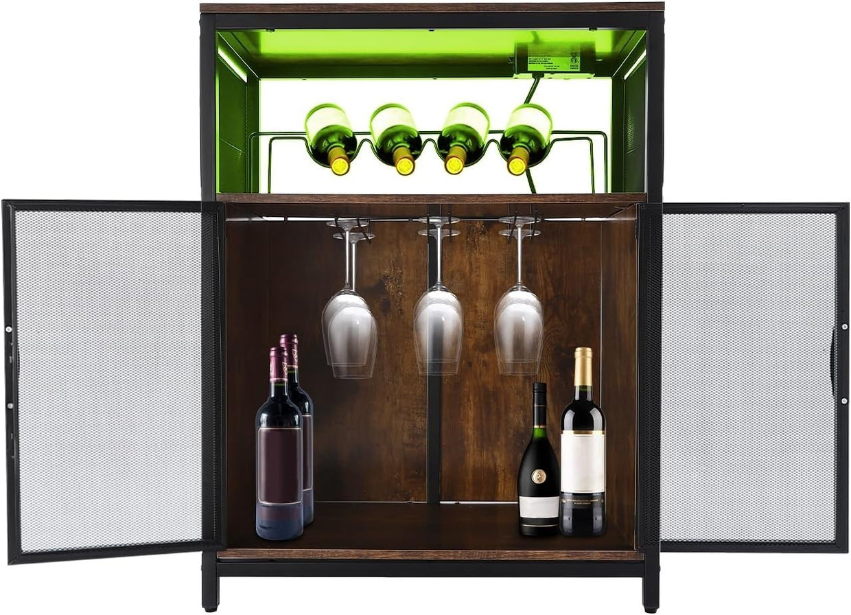 Industrial Wine Bar Cabinet with RGB Lights & Glass Holder Storage Sideboard - Kwikley