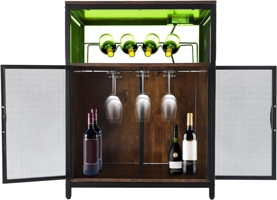 Industrial Wine Bar Cabinet with RGB Lights & Glass Holder Storage Sideboard - Kwikley