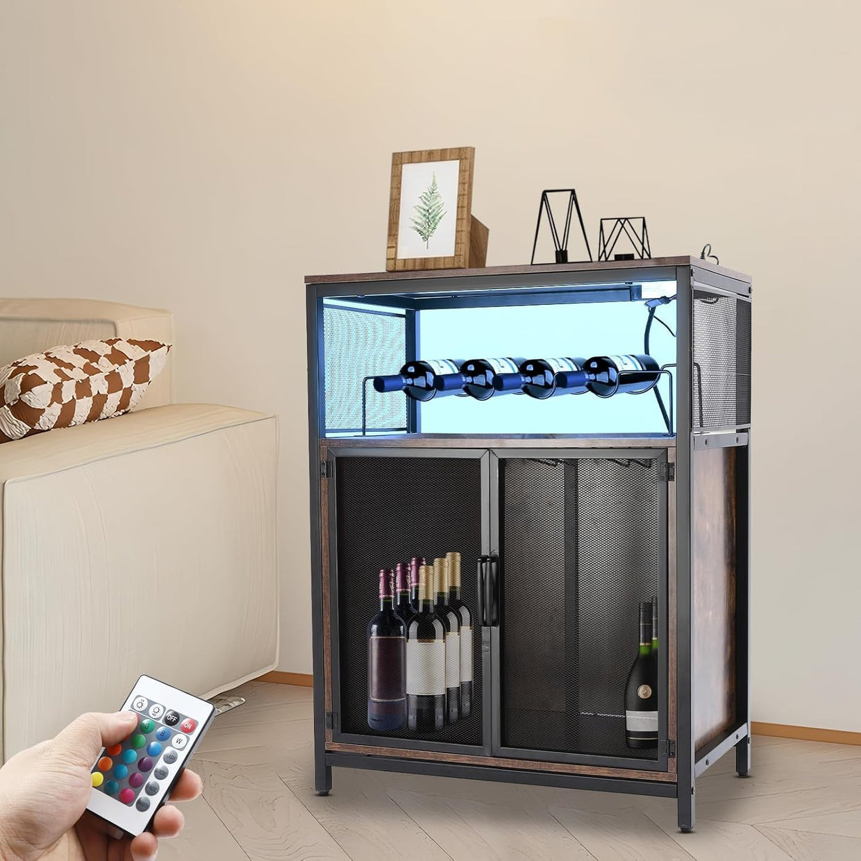 Industrial Wine Bar Cabinet with RGB Lights & Glass Holder Storage Sideboard - Kwikley