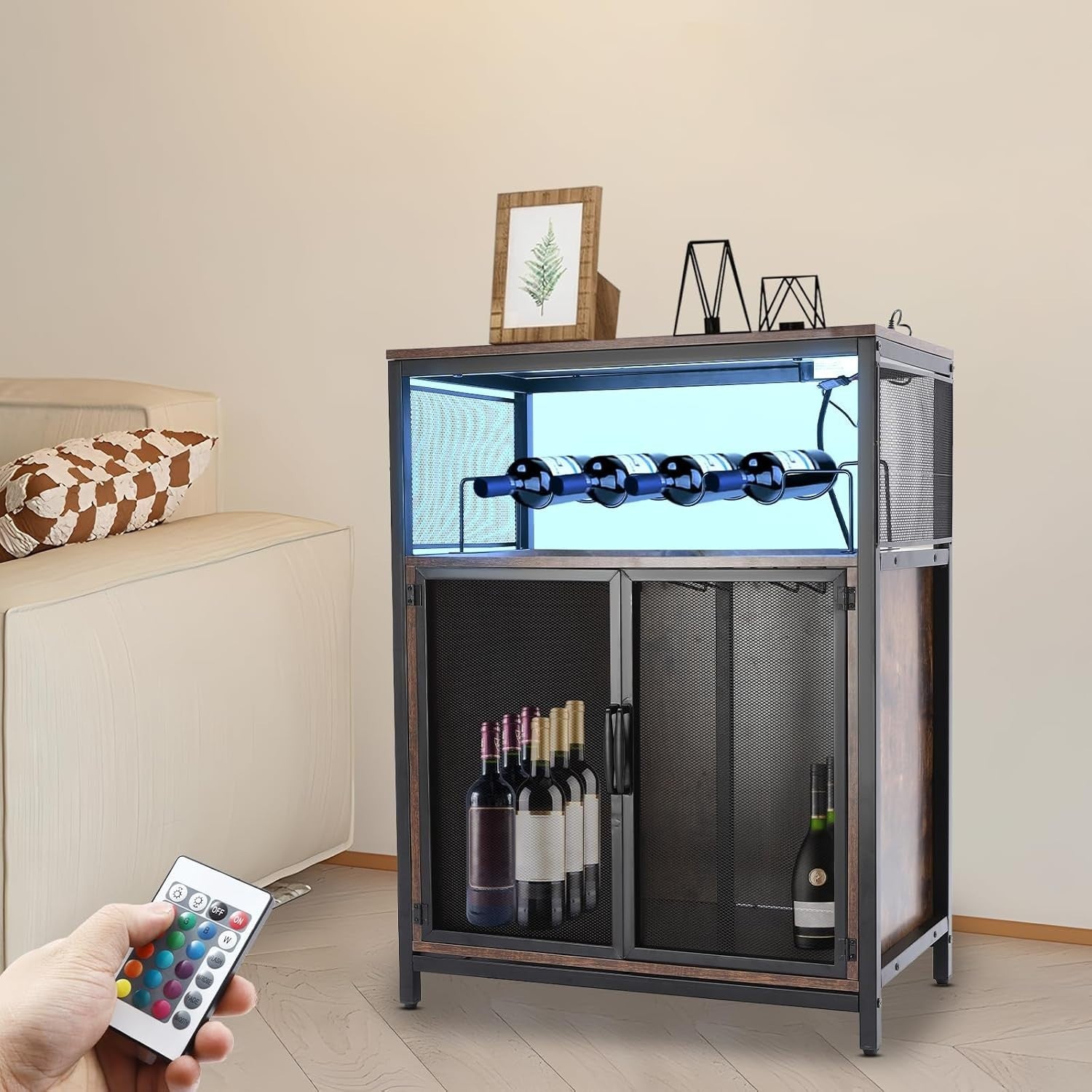 Industrial Wine Bar Cabinet with RGB Lights & Glass Holder Storage Sideboard - Kwikley