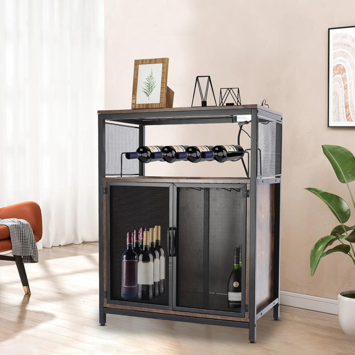 Industrial Wine Bar Cabinet with RGB Lights & Glass Holder Storage Sideboard - Kwikley