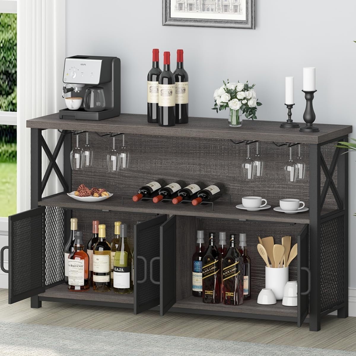 Industrial Wine Bar Cabinet with Storage, Glass Holders & Mesh Doors, 120cm Oak - Kwikley