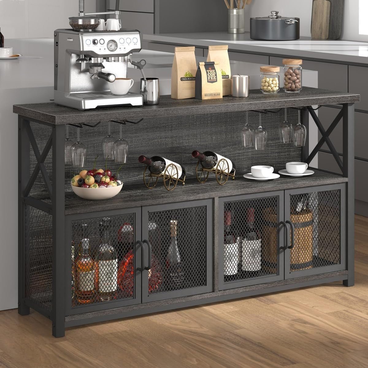 Industrial Wine Bar Cabinet with Storage, Glass Holders & Mesh Doors, 120cm Oak - Kwikley