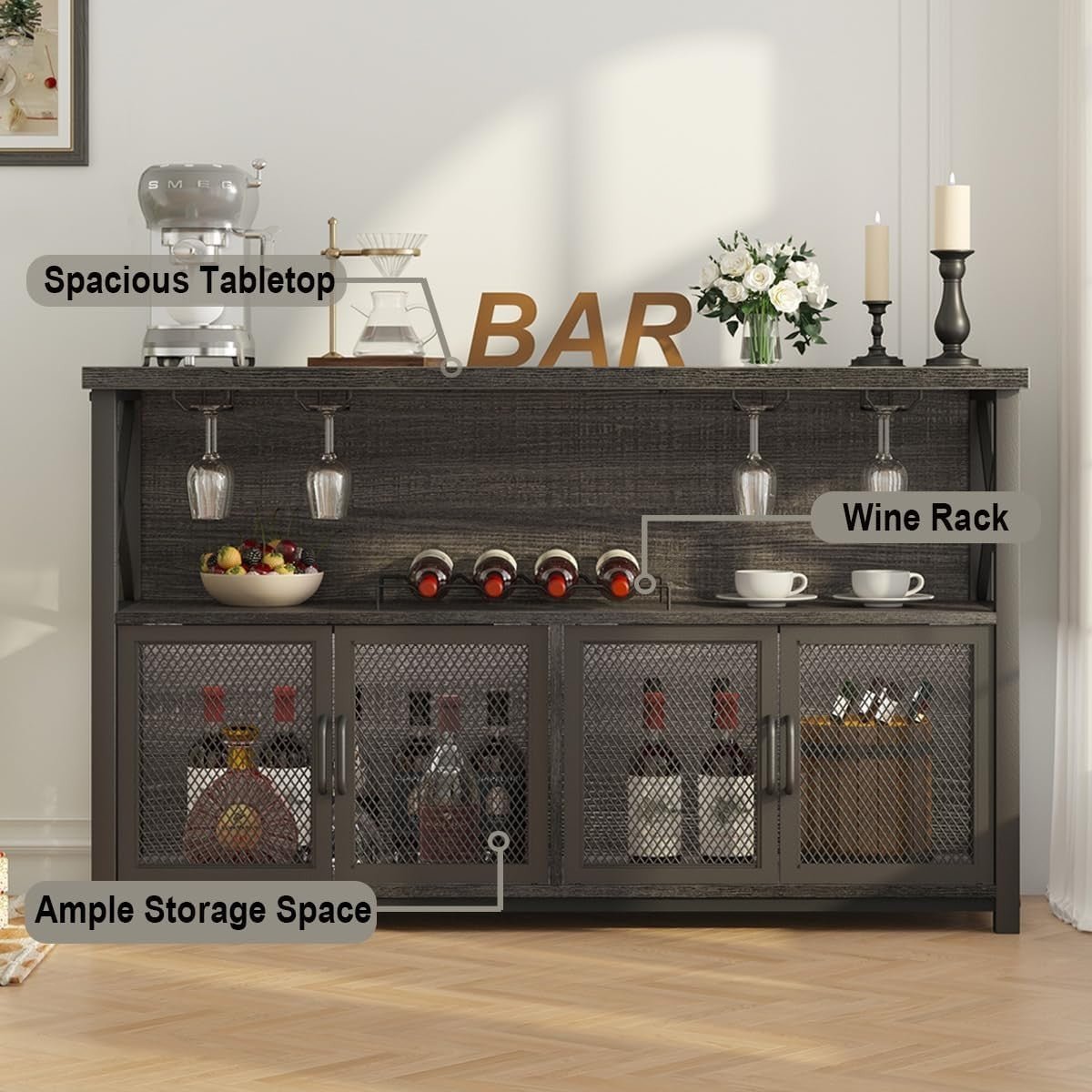 Industrial Wine Bar Cabinet with Storage, Glass Holders & Mesh Doors, 120cm Oak - Kwikley