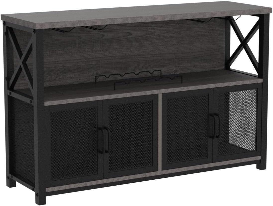 Industrial Wine Bar Cabinet with Storage, Glass Holders & Mesh Doors, 120cm Oak - Kwikley