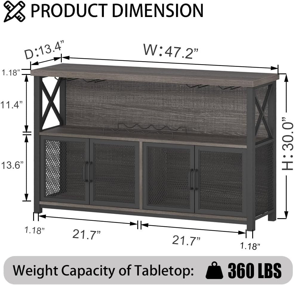 Industrial Wine Bar Cabinet with Storage, Glass Holders & Mesh Doors, 120cm Oak - Kwikley