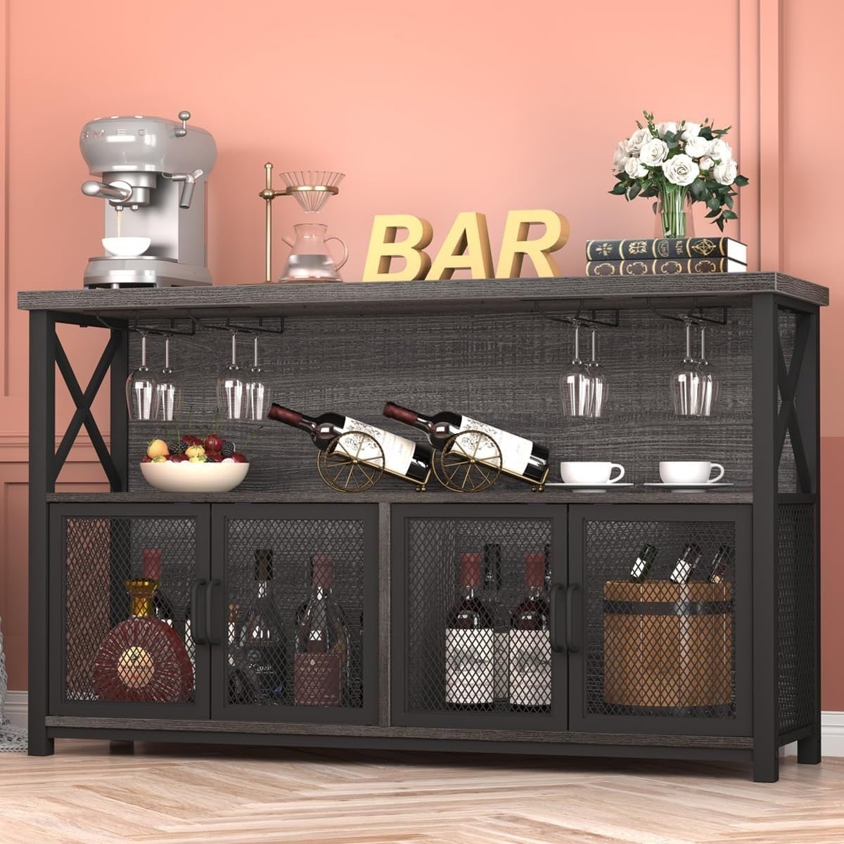 Industrial Wine Bar Cabinet with Storage, Glass Holders & Mesh Doors, 120cm Oak - Kwikley