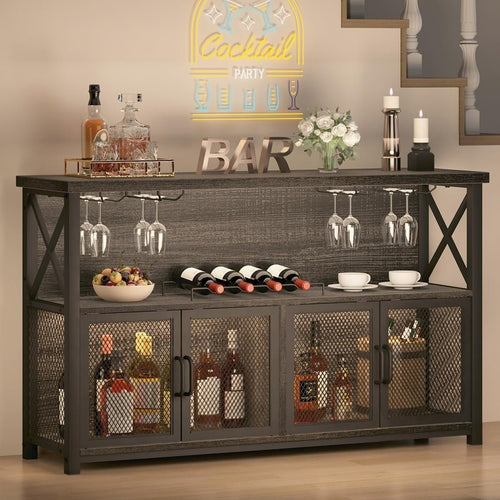 Industrial Wine Bar Cabinet with Storage, Glass Holders & Mesh Doors, 120cm Oak - Kwikley