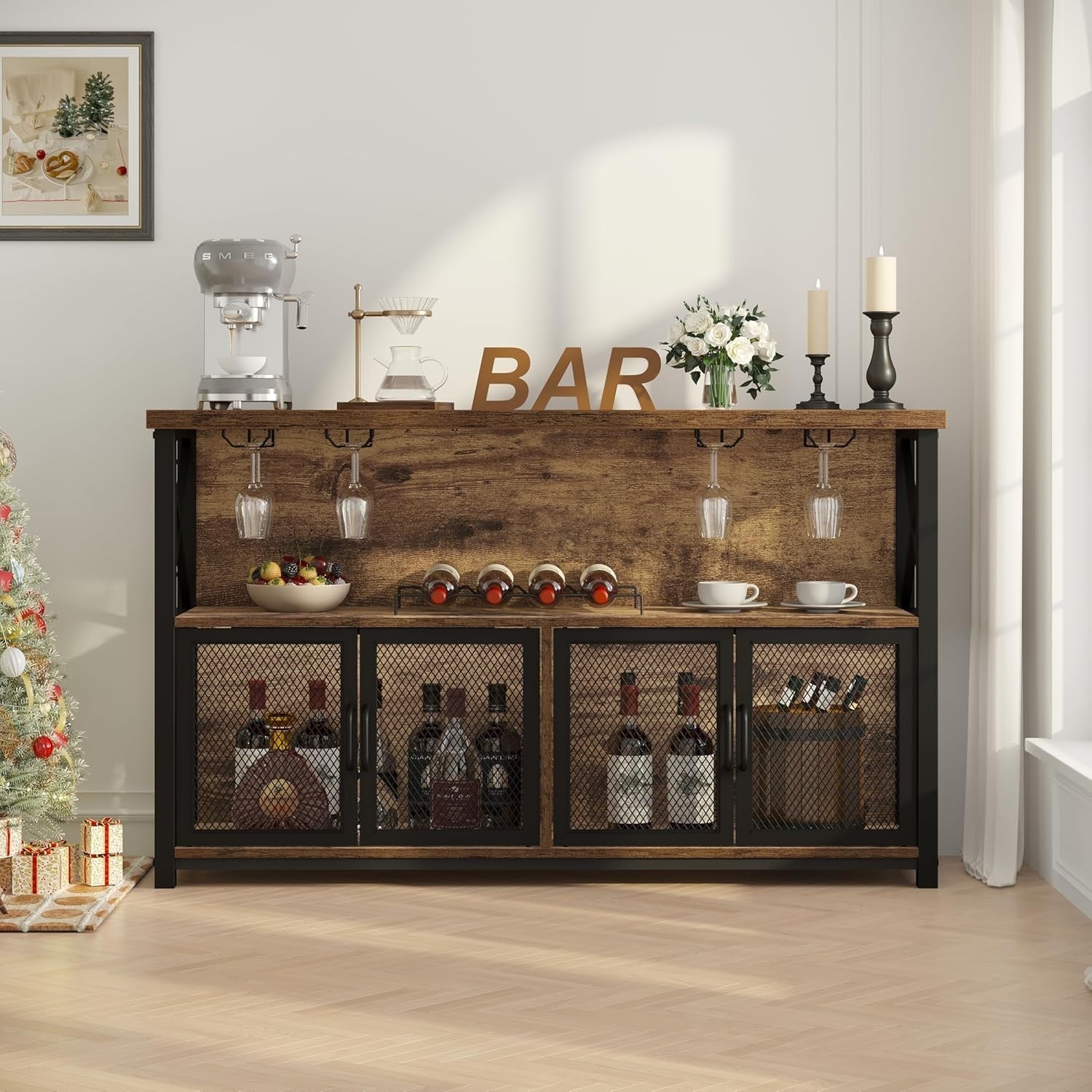 Industrial Wine Bar Cabinet with Storage Rack & Glass Holders, Rustic Brown - Kwikley