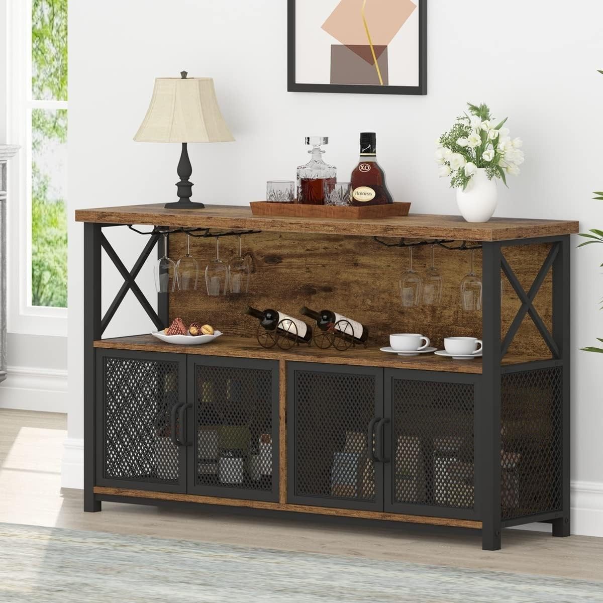 Industrial Wine Bar Cabinet with Storage Rack & Glass Holders, Rustic Brown - Kwikley