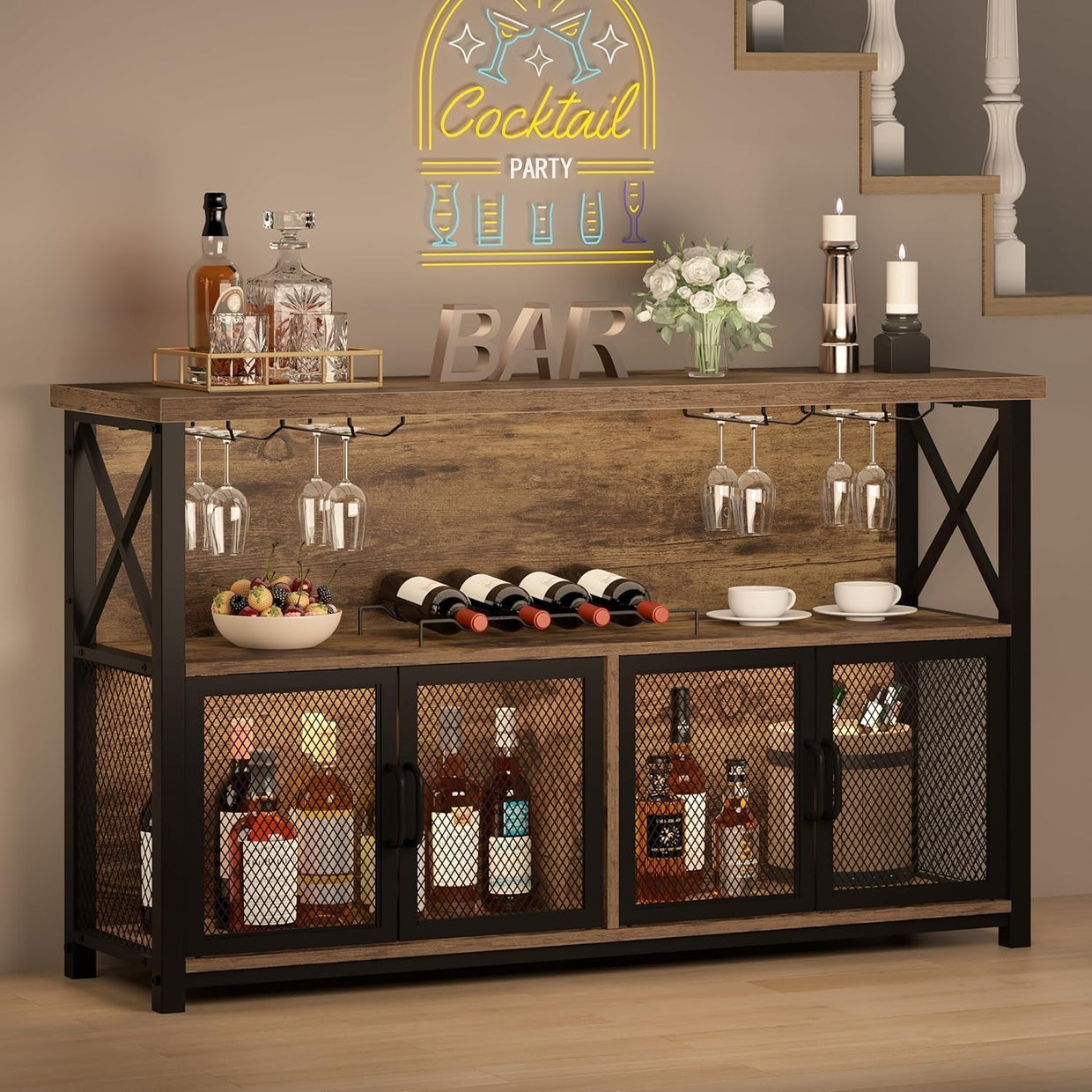 Industrial Wine Bar Cabinet with Storage Rack & Glass Holders, Rustic Brown - Kwikley