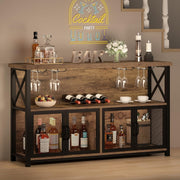 Industrial Wine Bar Cabinet with Storage Rack & Glass Holders, Rustic Brown - Kwikley