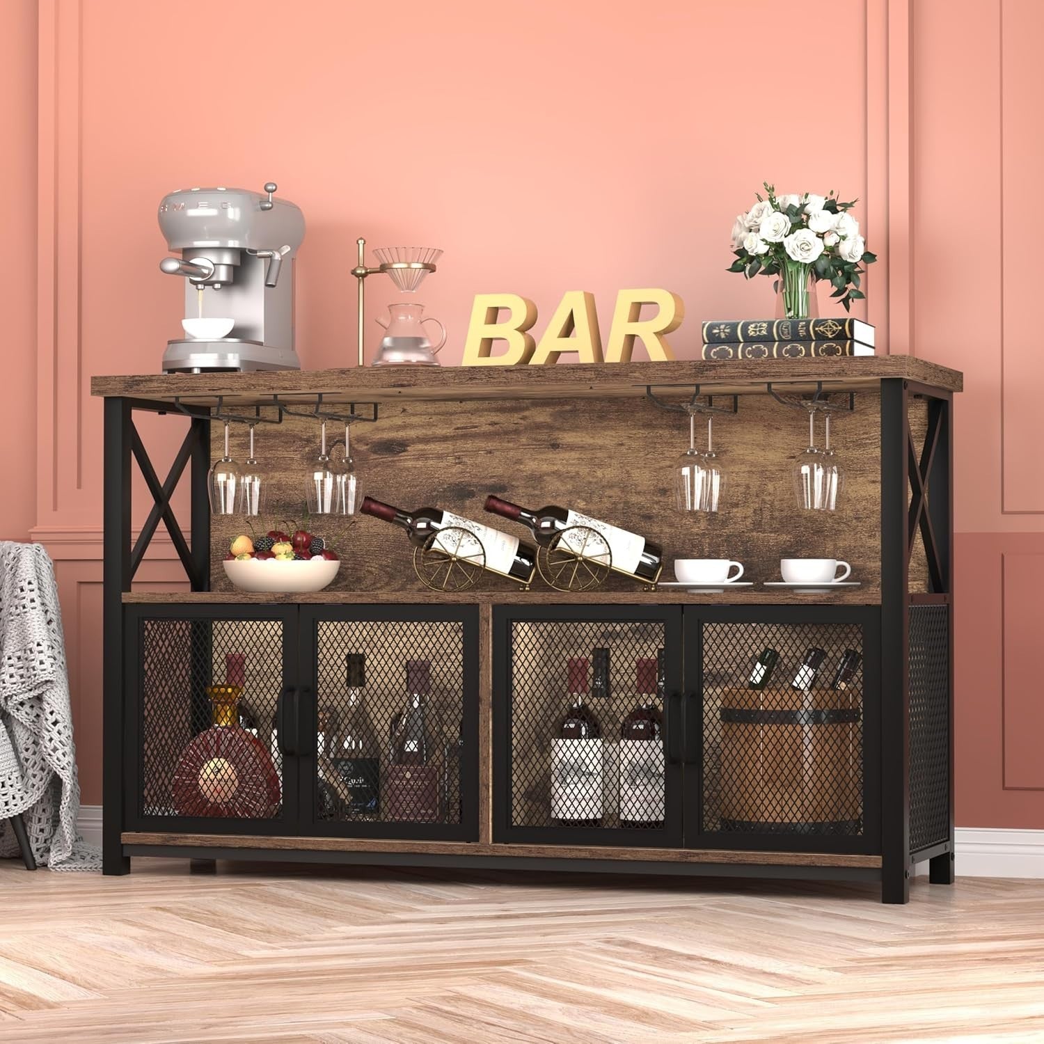 Industrial Wine Bar Cabinet with Storage Rack & Glass Holders, Rustic Brown - Kwikley