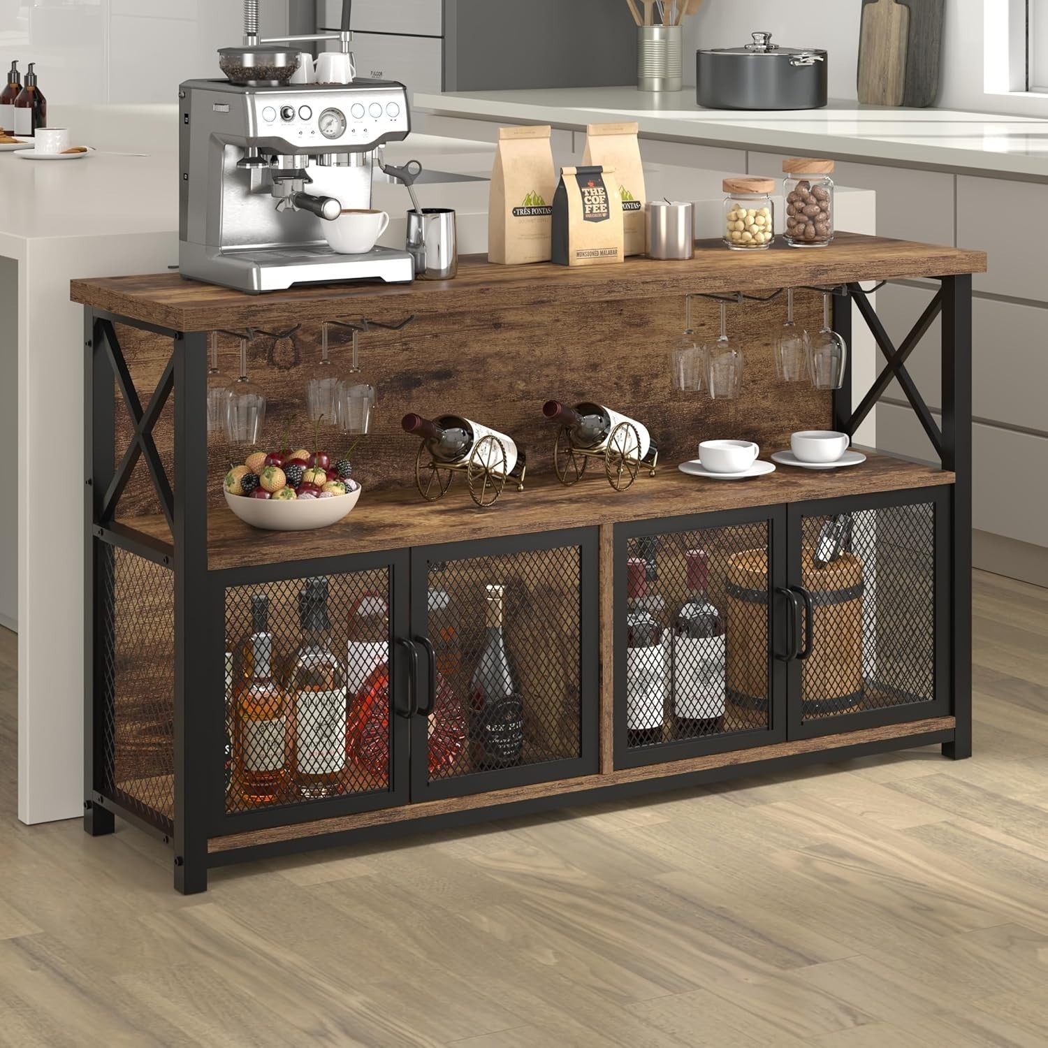 Industrial Wine Bar Cabinet with Storage Rack & Glass Holders, Rustic Brown - Kwikley