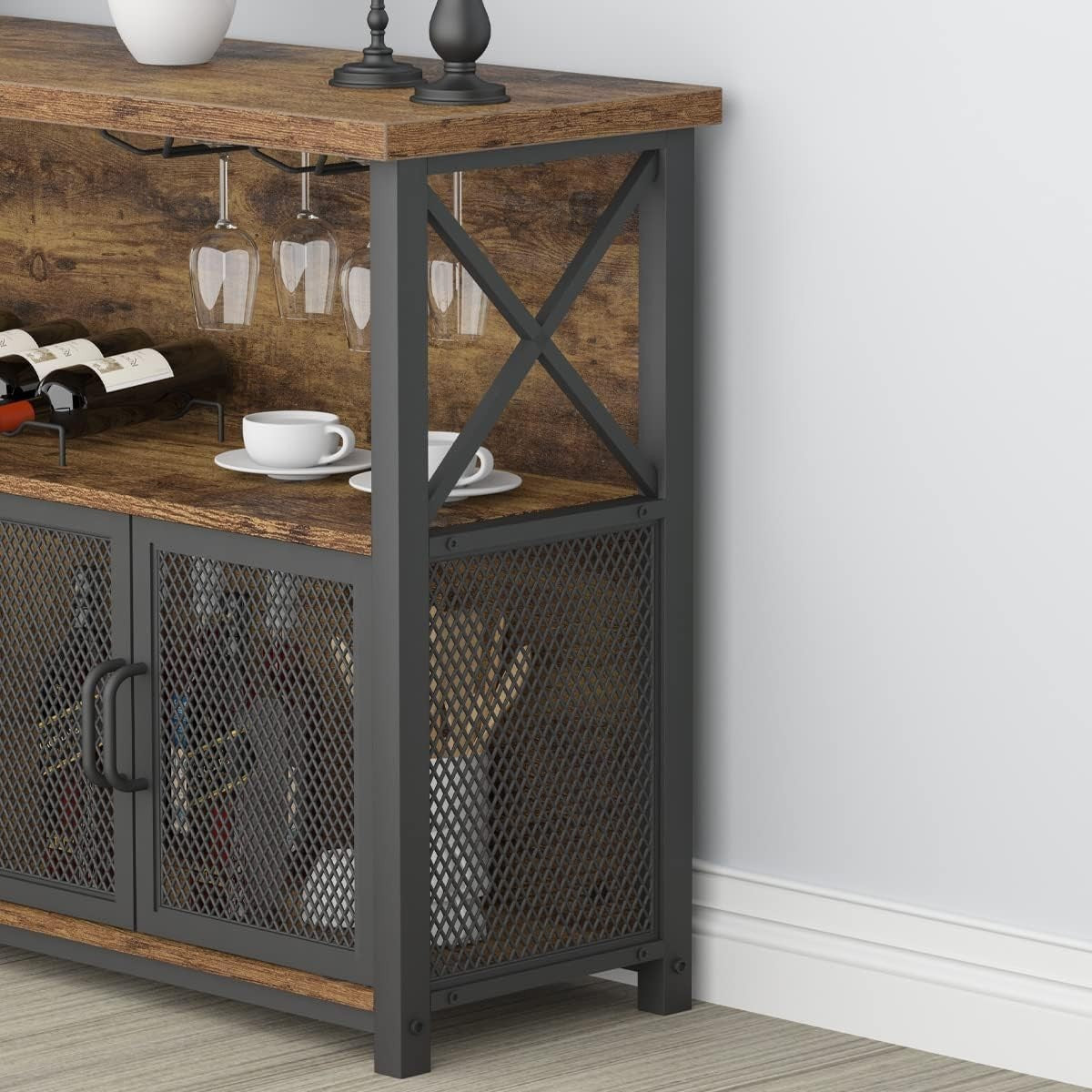 Industrial Wine Bar Cabinet with Storage Rack & Glass Holders, Rustic Brown - Kwikley