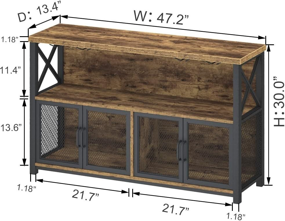 Industrial Wine Bar Cabinet with Storage Rack & Glass Holders, Rustic Brown - Kwikley