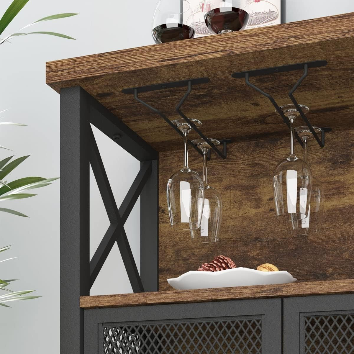 Industrial Wine Bar Cabinet with Storage Rack & Glass Holders, Rustic Brown - Kwikley