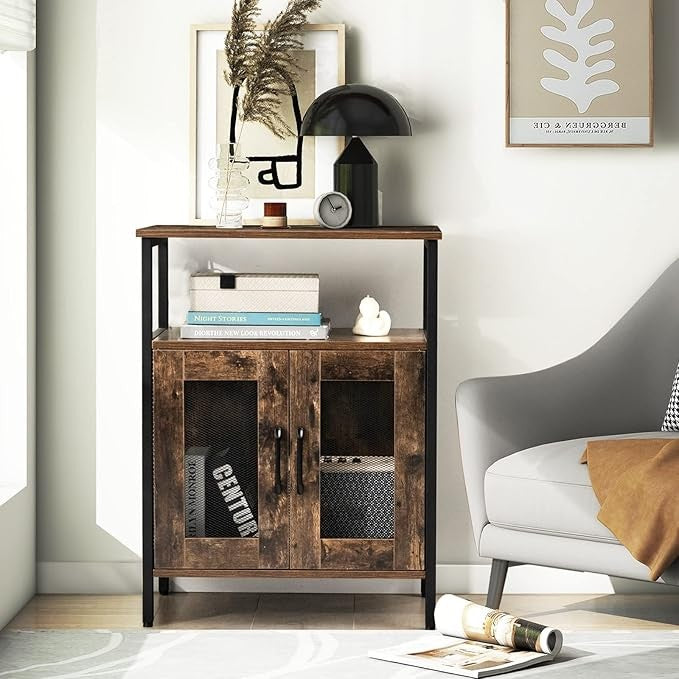 Industrial Wine Cabinet Sideboard Rustic Brown Storage Unit with Glass Holder - Kwikley
