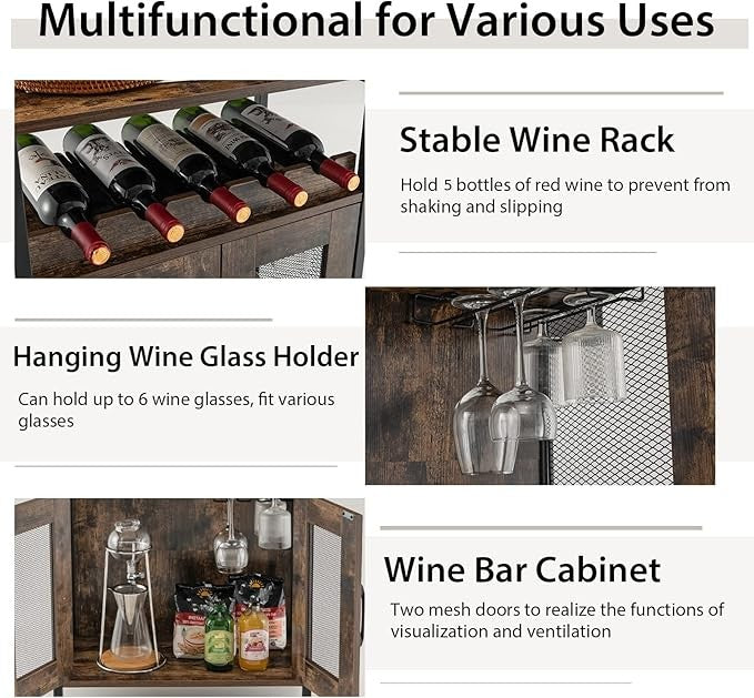 Industrial Wine Cabinet Sideboard Rustic Brown Storage Unit with Glass Holder - Kwikley