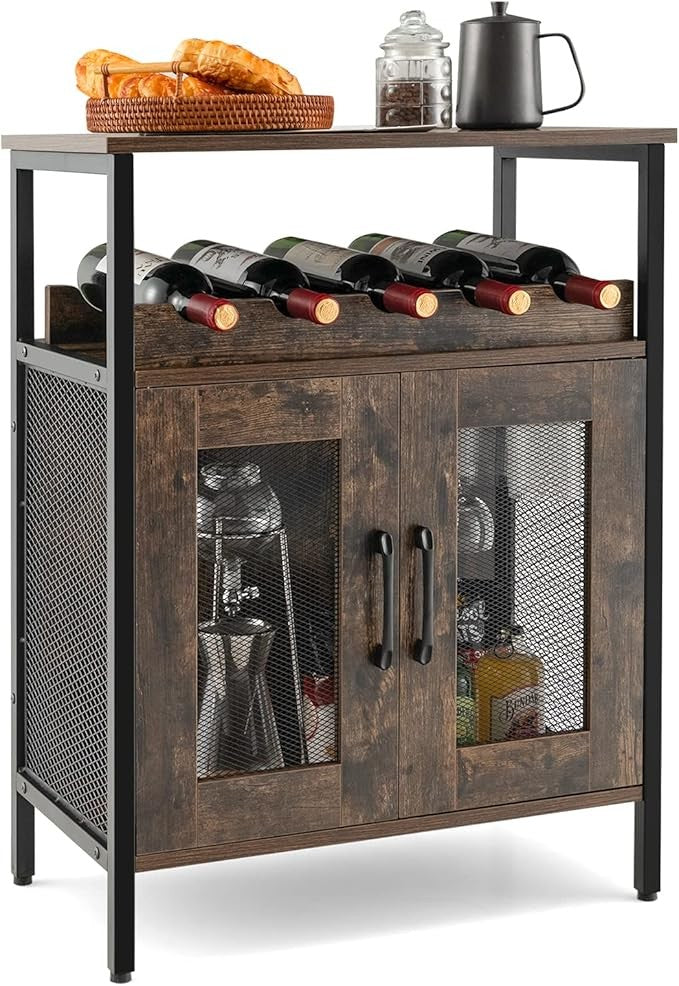 Industrial Wine Cabinet Sideboard Rustic Brown Storage Unit with Glass Holder - Kwikley