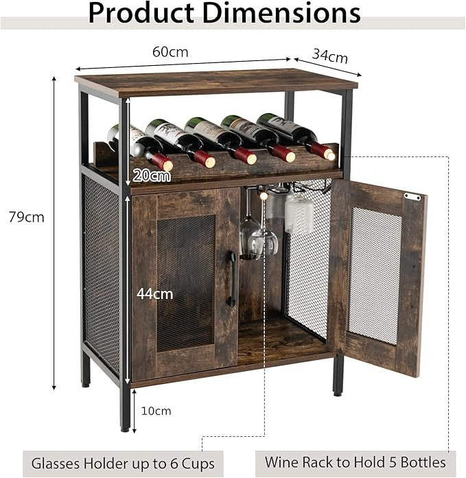 Industrial Wine Cabinet Sideboard Rustic Brown Storage Unit with Glass Holder - Kwikley