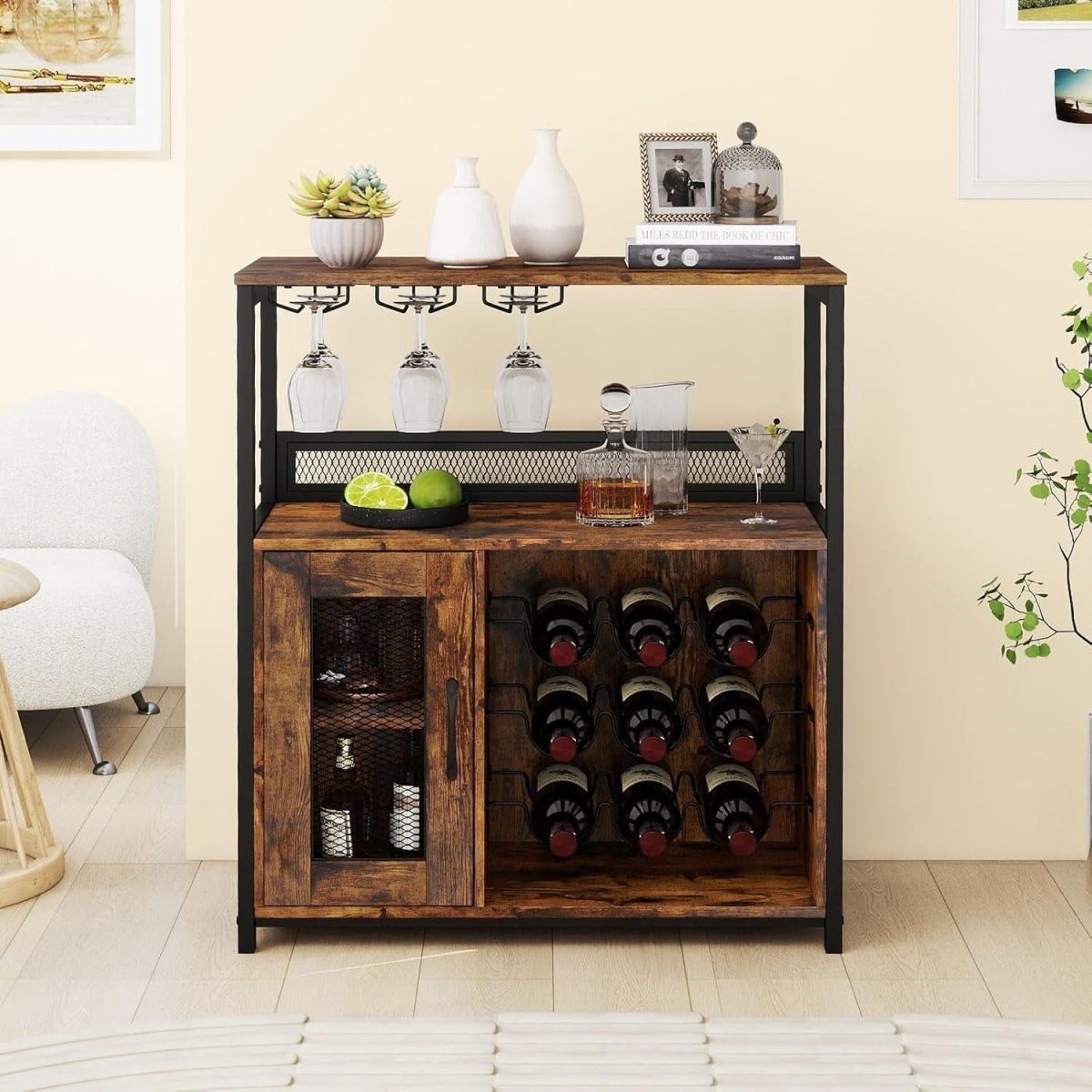Industrial Wine Cabinet Sideboard with Rack, Glass Holder & Storage Shelves - Kwikley