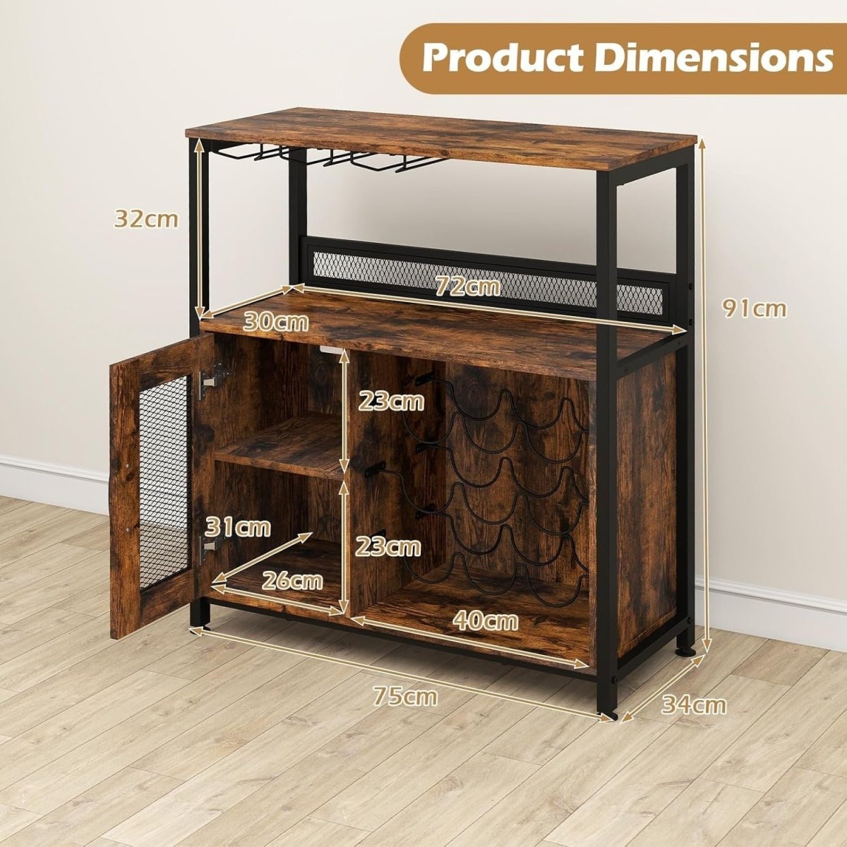 Industrial Wine Cabinet Sideboard with Rack, Glass Holder & Storage Shelves - Kwikley