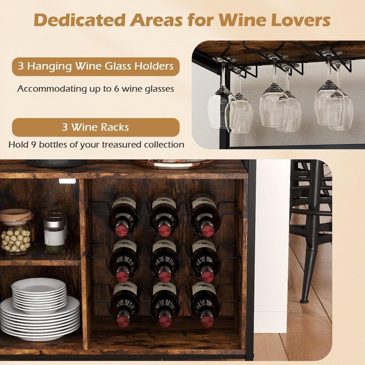 Industrial Wine Cabinet Sideboard with Rack, Glass Holder & Storage Shelves - Kwikley